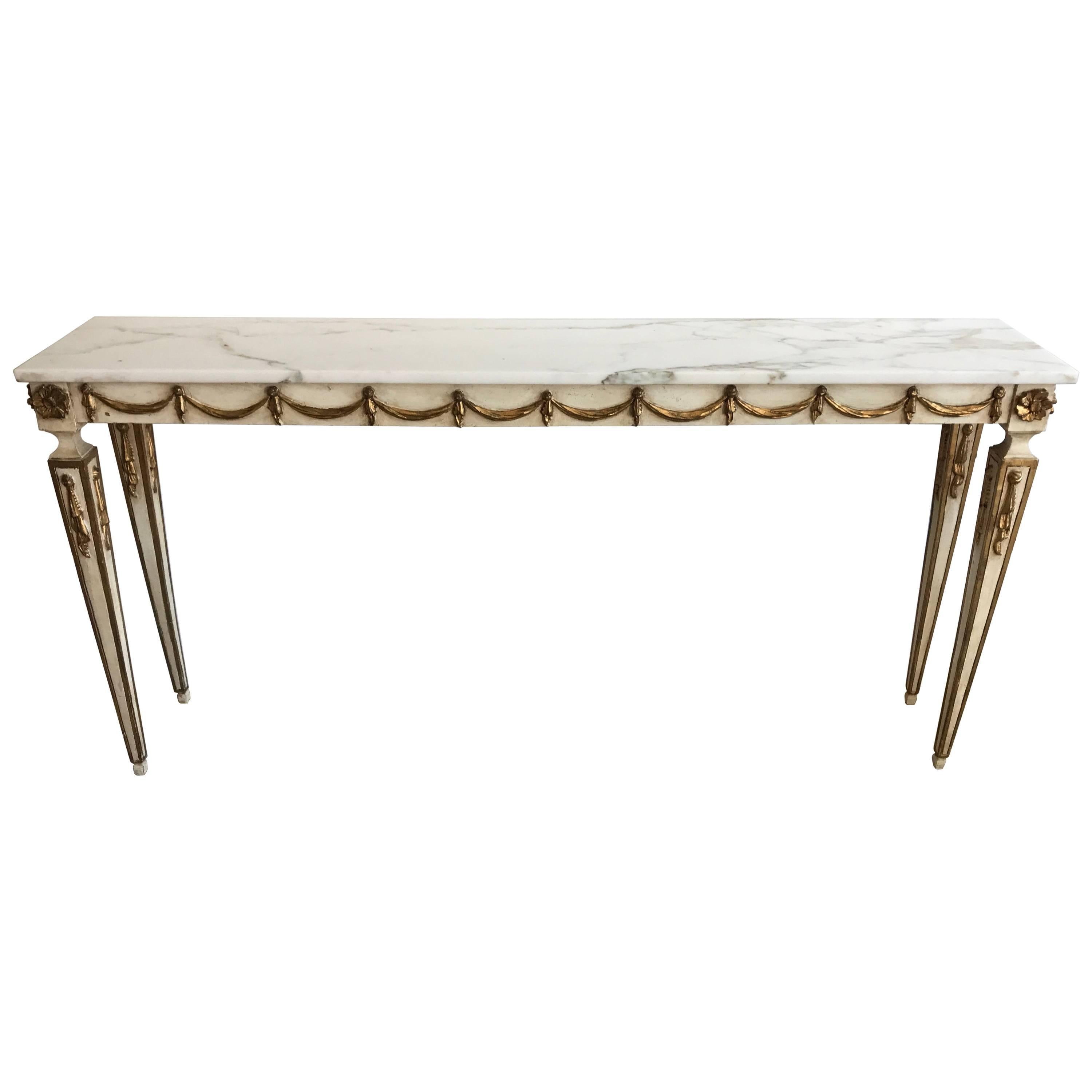 Italian Painted and Parcel-Gilt Neoclassical Console Table with White Marble Top