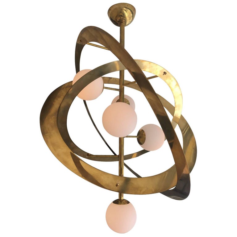 Saturn's Rings Chandelier in Brass and Frosted Globes at 1stDibs