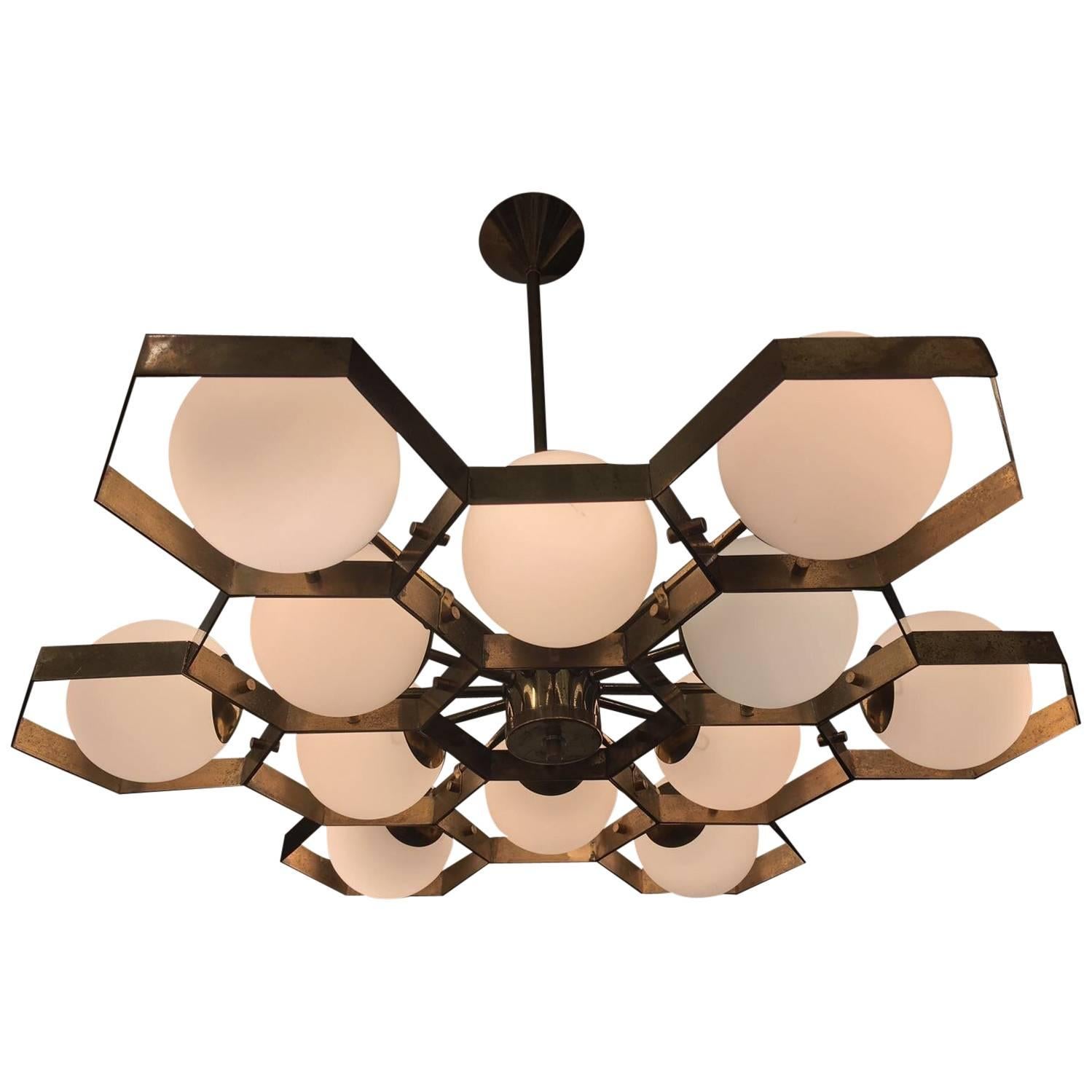 Honeycomb Chandelier Ponti-Inspired with Brass and Frosted Globes