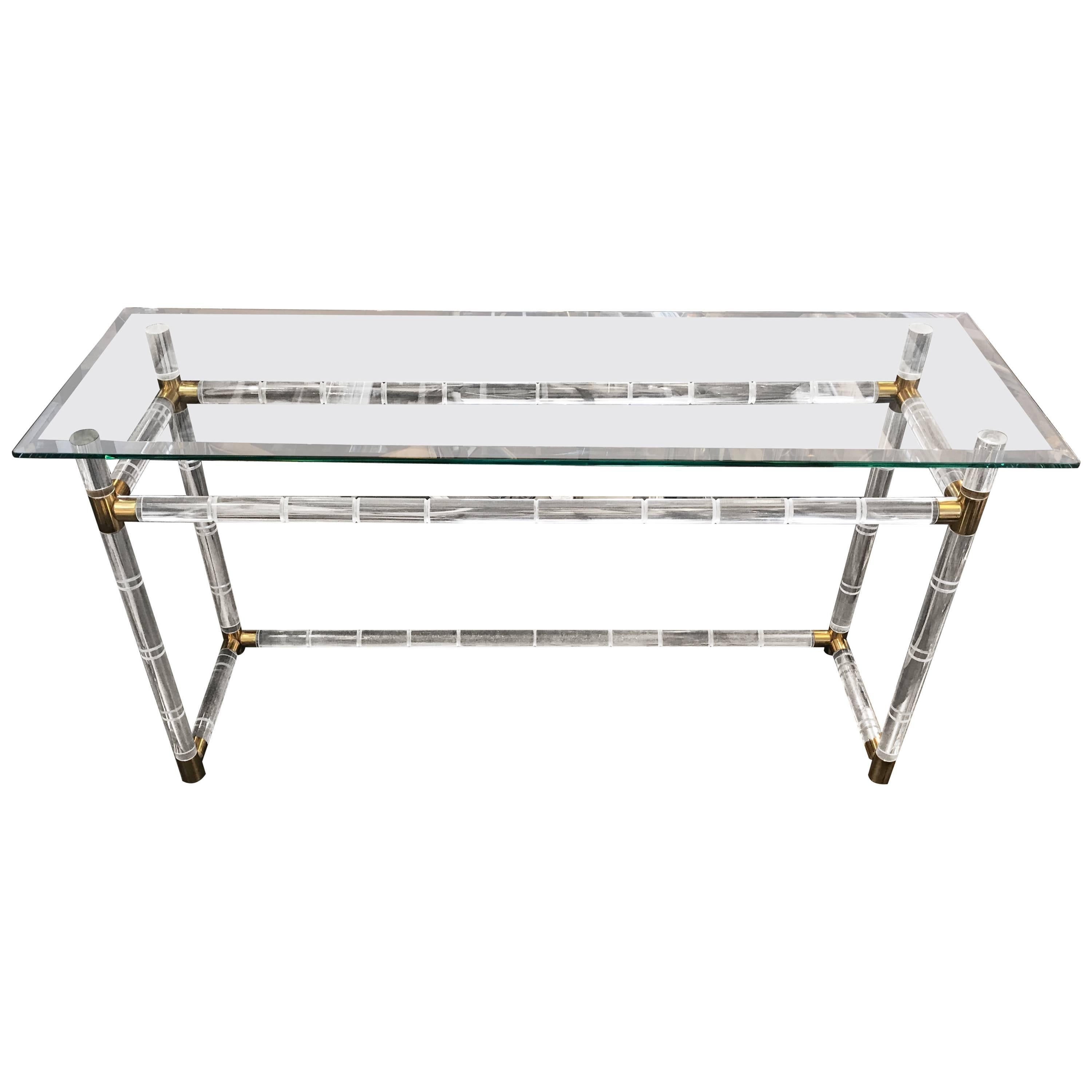 Charles Hollis Jones Faux Bamboo Lucite and Brass Console Table