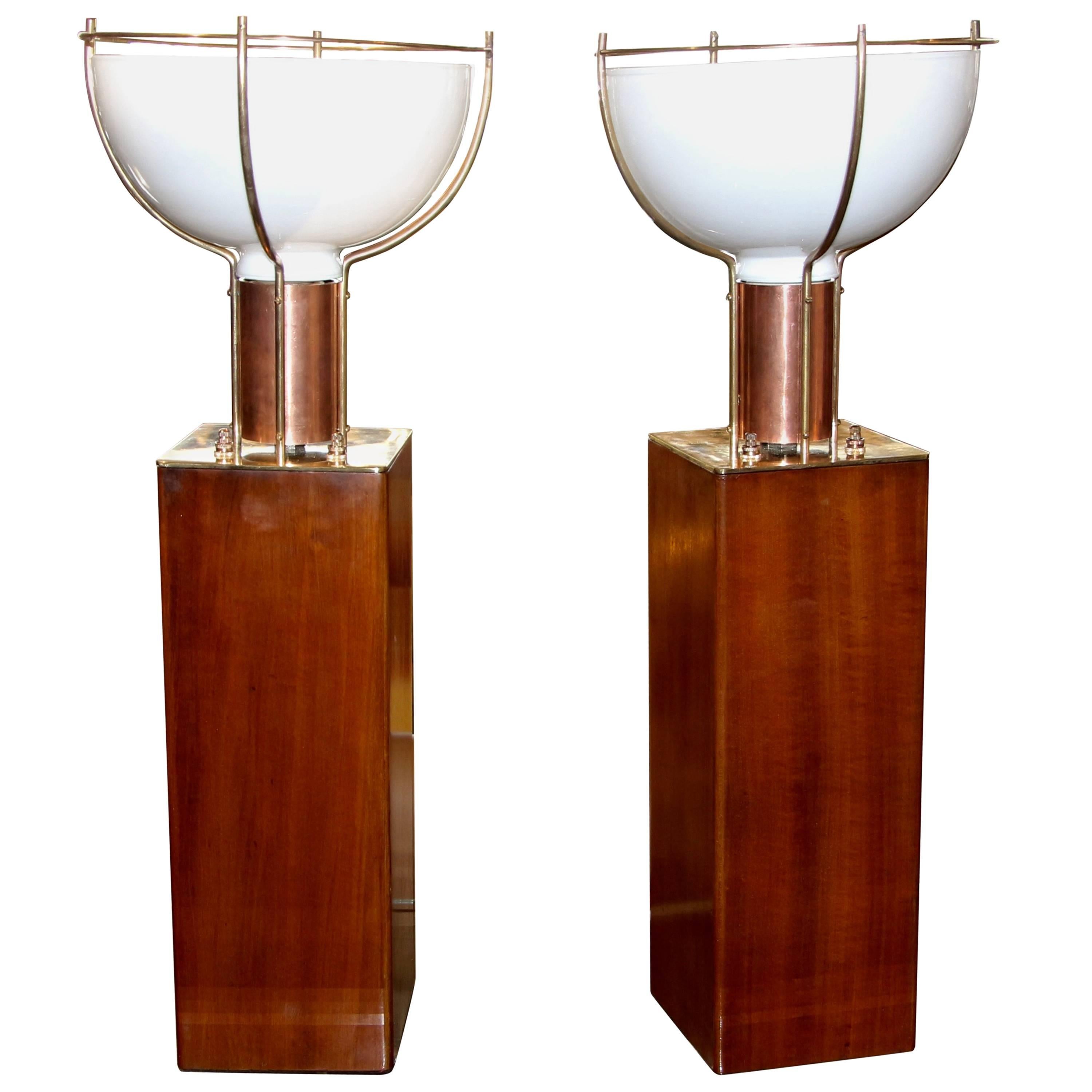 Fabulous Machine Age Lamps in Wood Brass and Copper with Milk Glass Shades