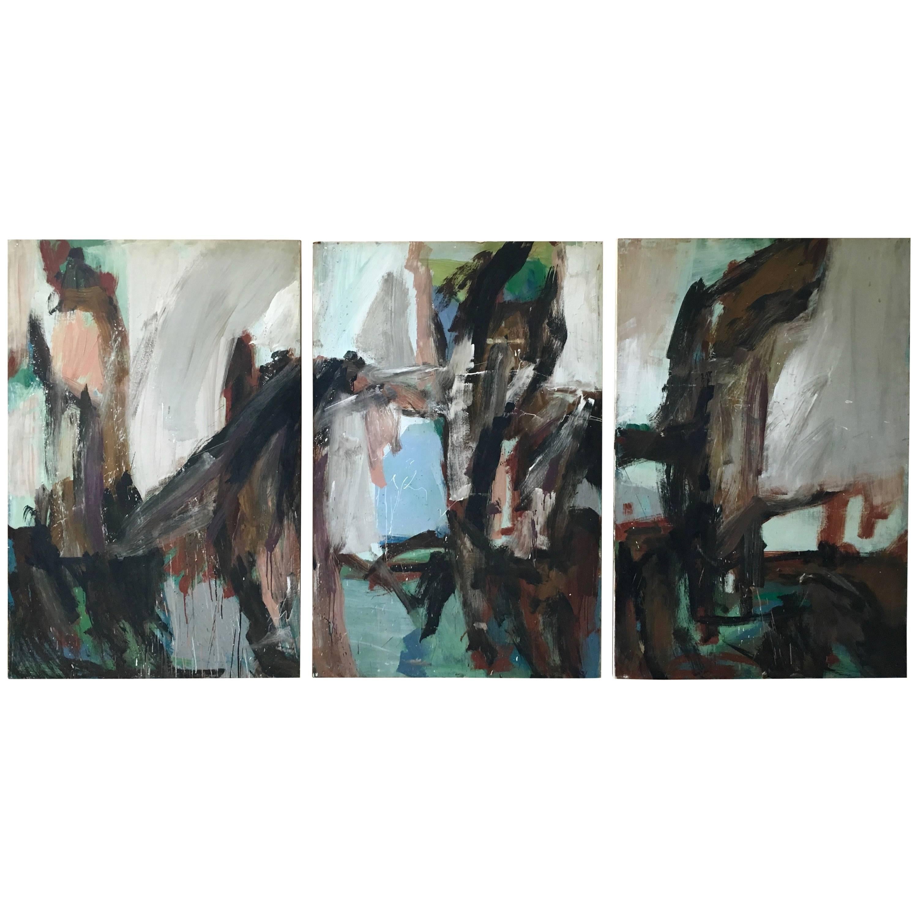Large Mid-20th Century Abstract Painting Tryptic on Board
