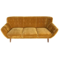 Vintage Stylish Yellow Wool Velvet Curved Sofa with Oak Legs