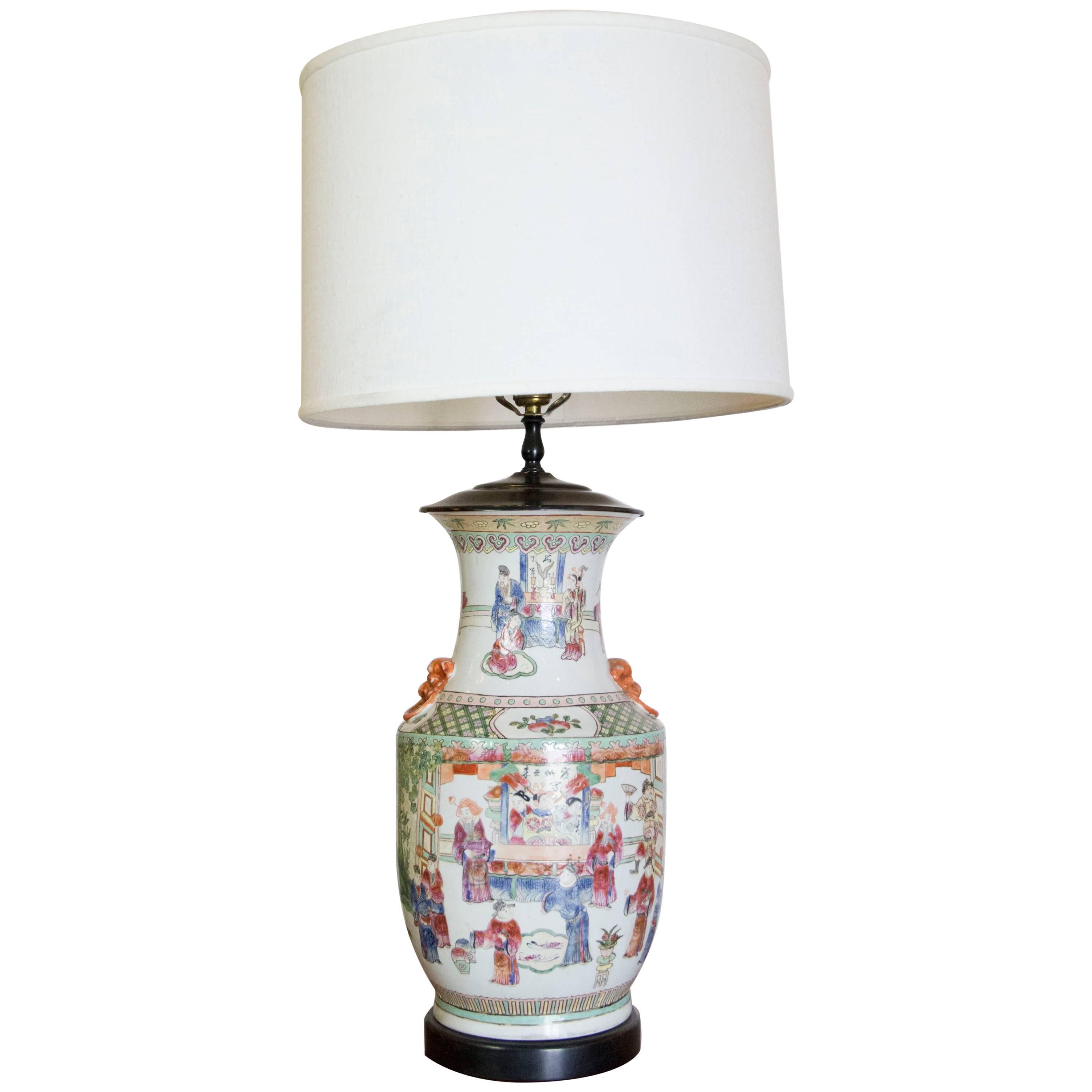 Hand-Painted Chinese Figural Lamp with Foo Lion Detail For Sale