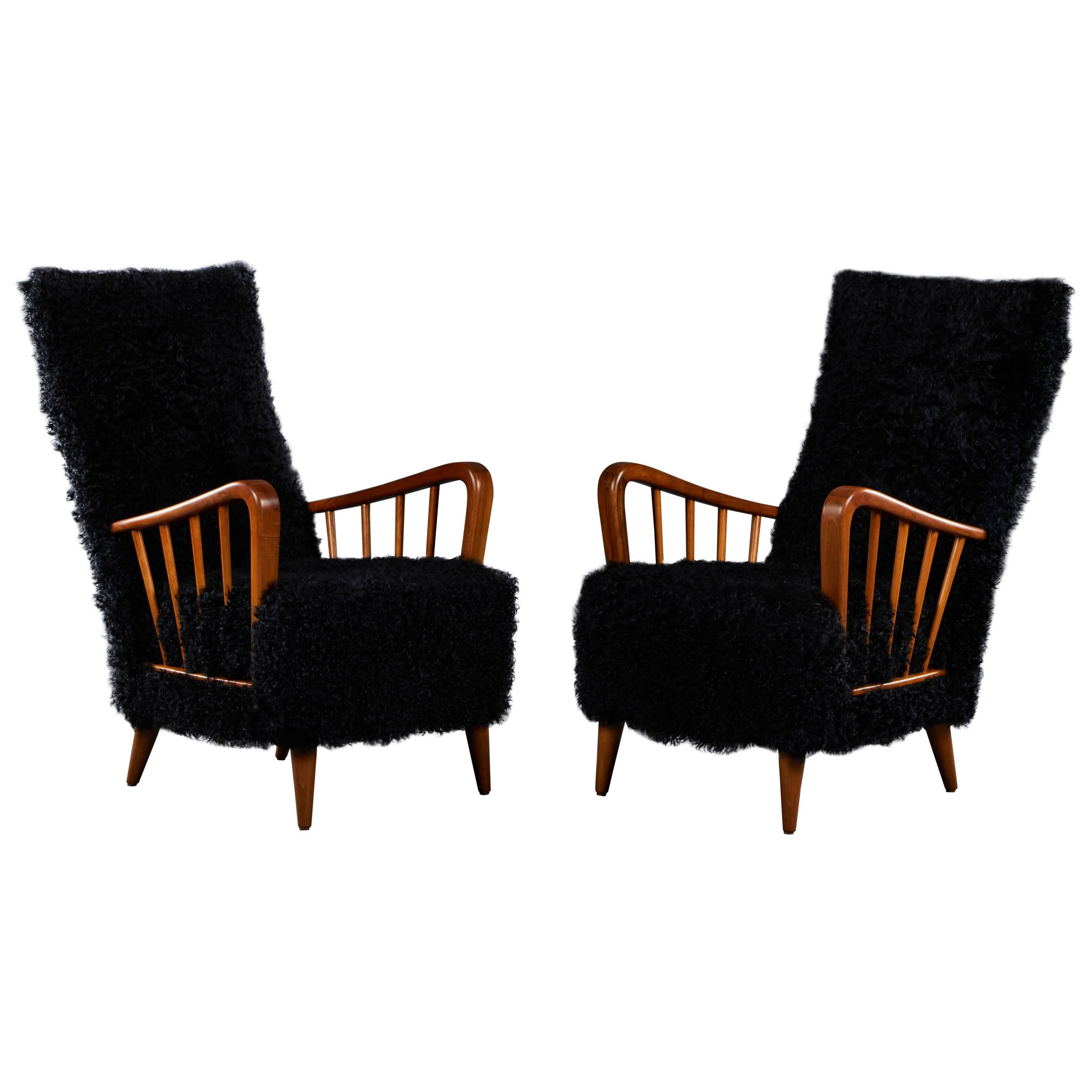 Pair of Paolo Buffa Chairs in Black Kalgan Lamb