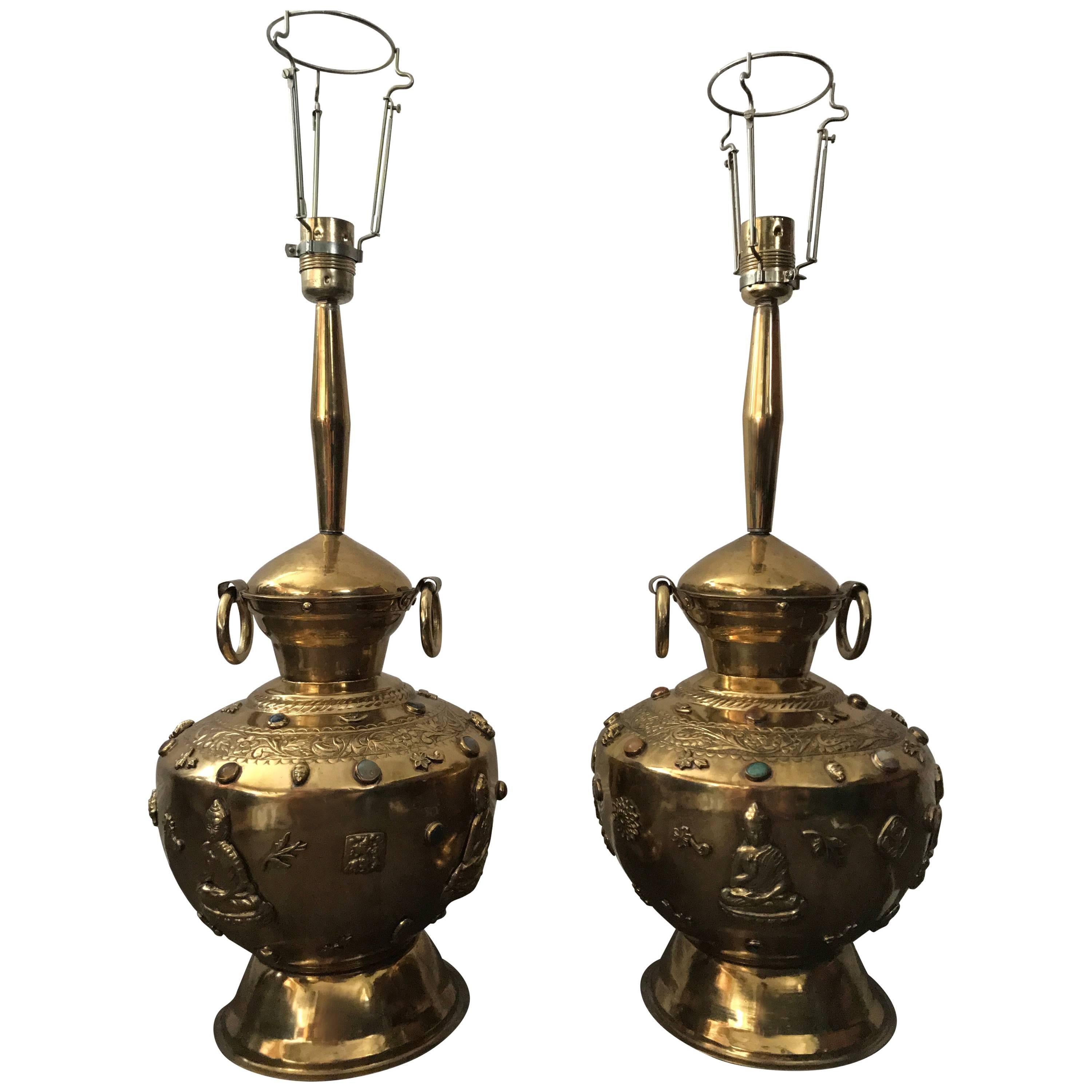Pair of Large Asian Buddha Brass Precious Stones Decorated Table Lamps For Sale