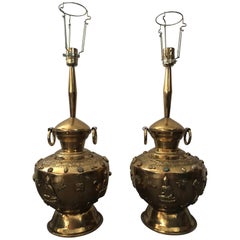 Pair of Large Asian Buddha Brass Precious Stones Decorated Table Lamps