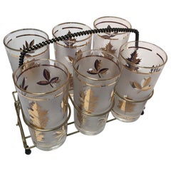 Vintage Set of Six Mid-Century Libbey Highball Glasses in Brass Cart