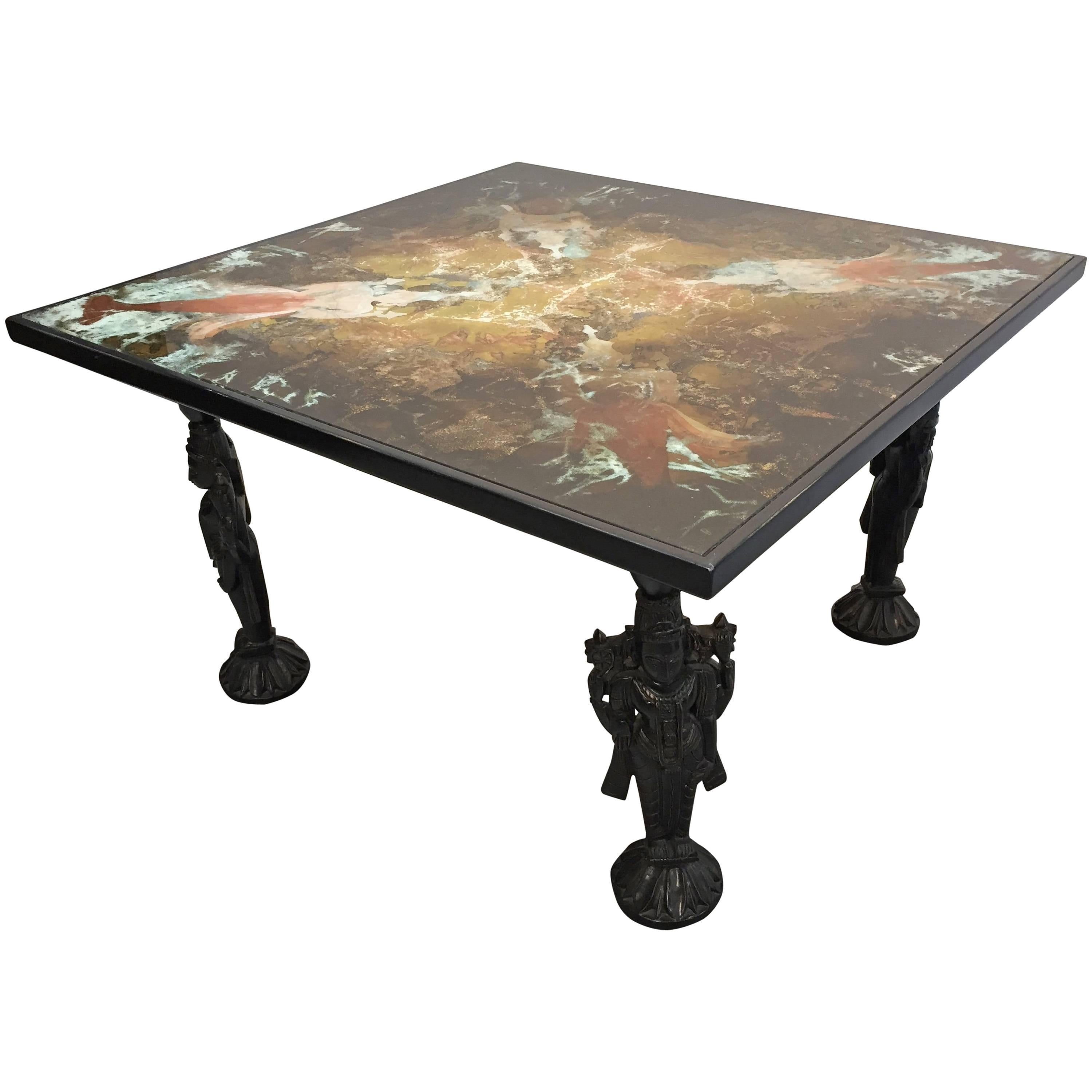 Asian Inspire Coffee Table with Indian God Vishnu on Lotus Stand