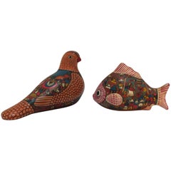 Vintage Mexican Hand-Painted Colorful Pottery Bird and Fish