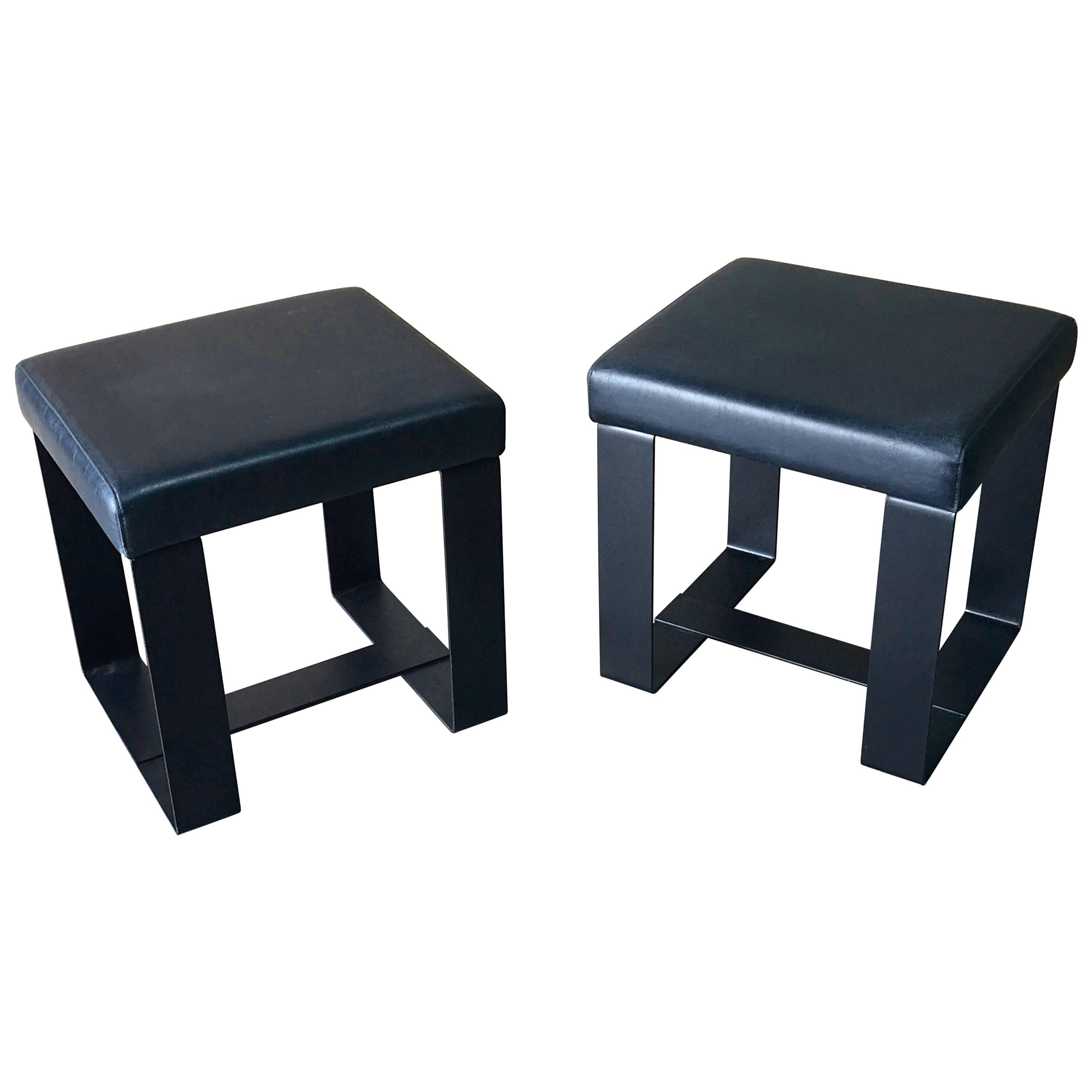 Pair of French Modern Iron and Leather Cube Benches