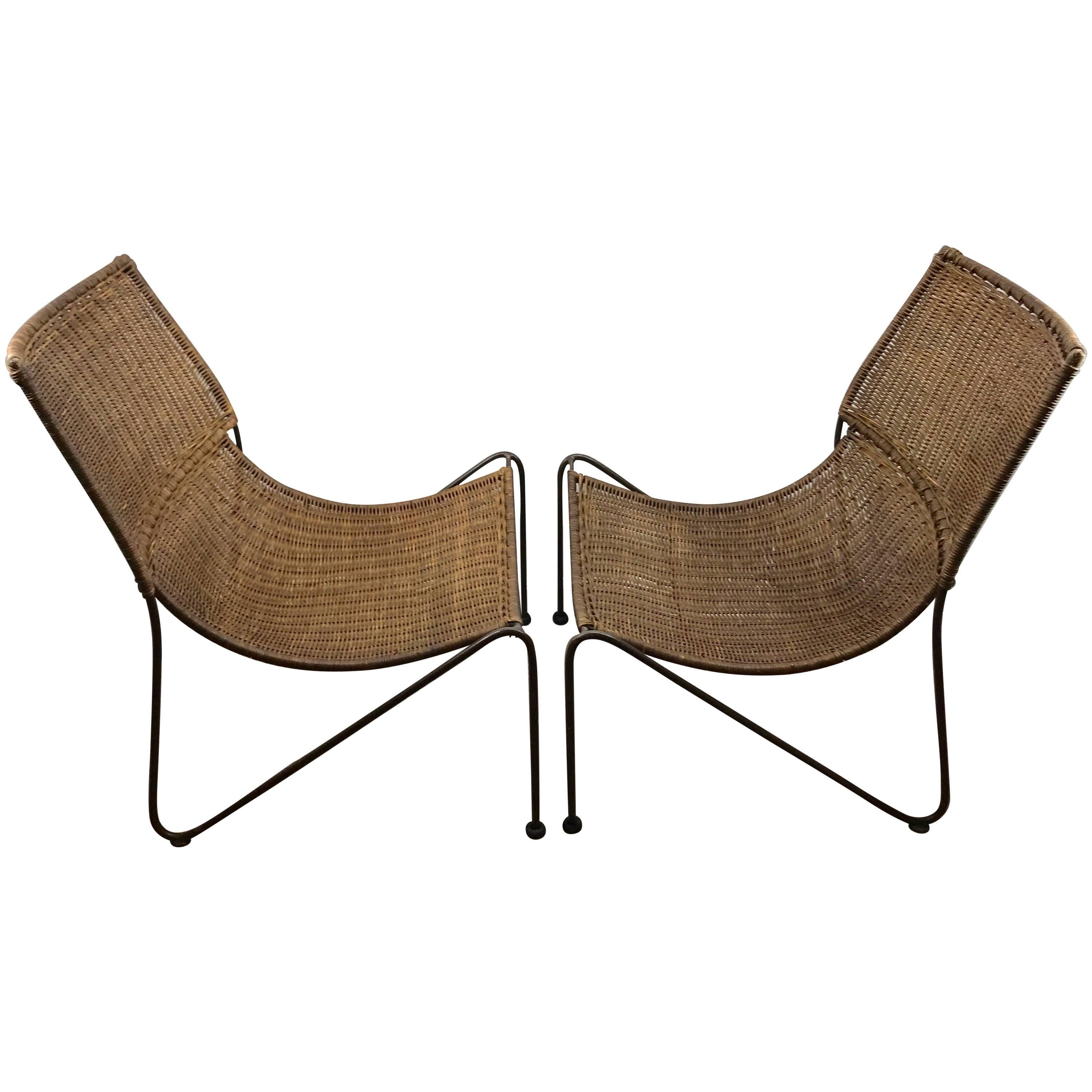 Great Pair of Mid-Century Sling Wicker Lounge Chairs