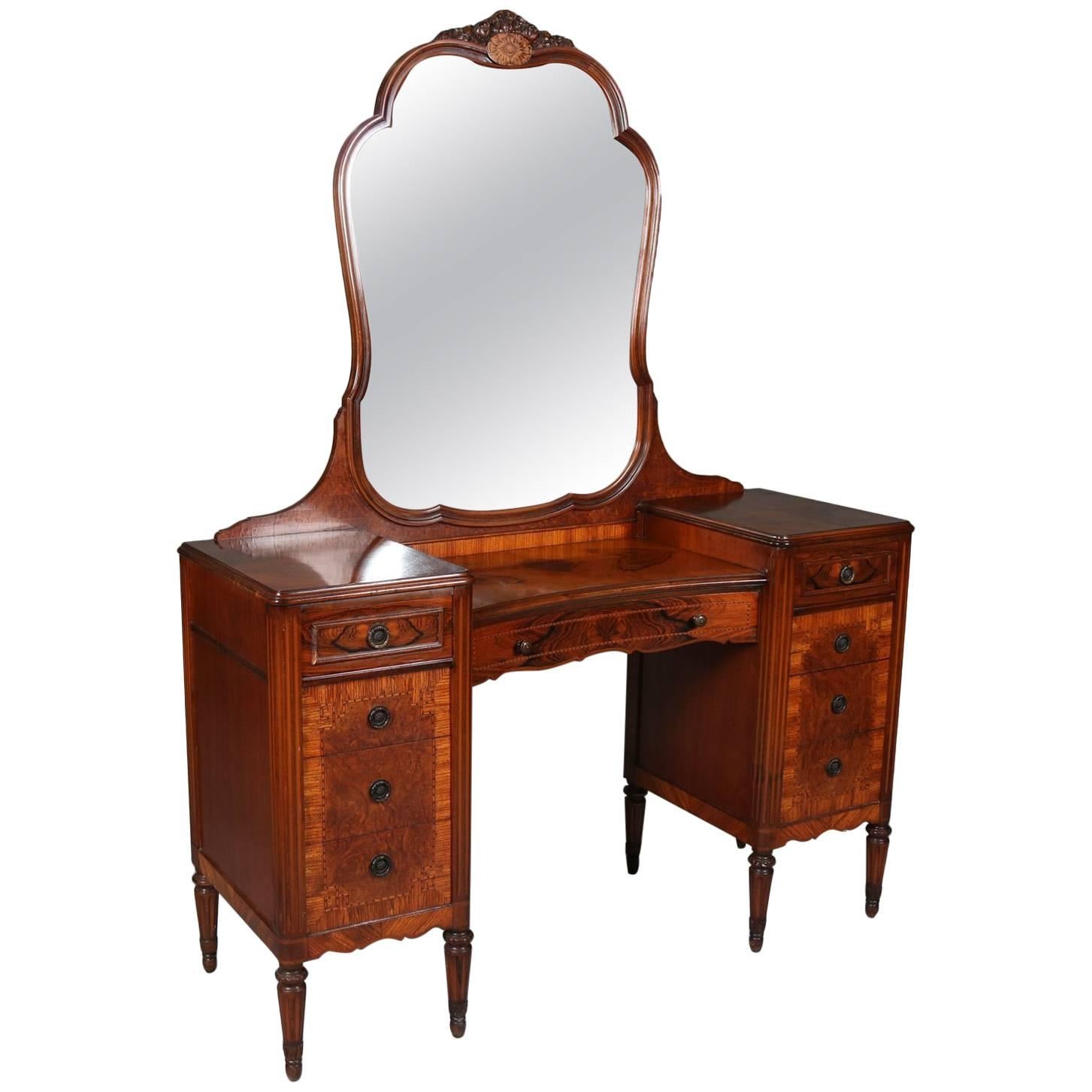 Antique Carved Flame Mahogany 
Burl Parquetry Inlaid Mirrored Vanity