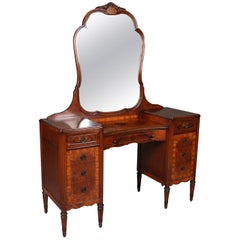 Antique Carved Flame Mahogany & Burl Parquetry Inlaid Mirrored Vanity