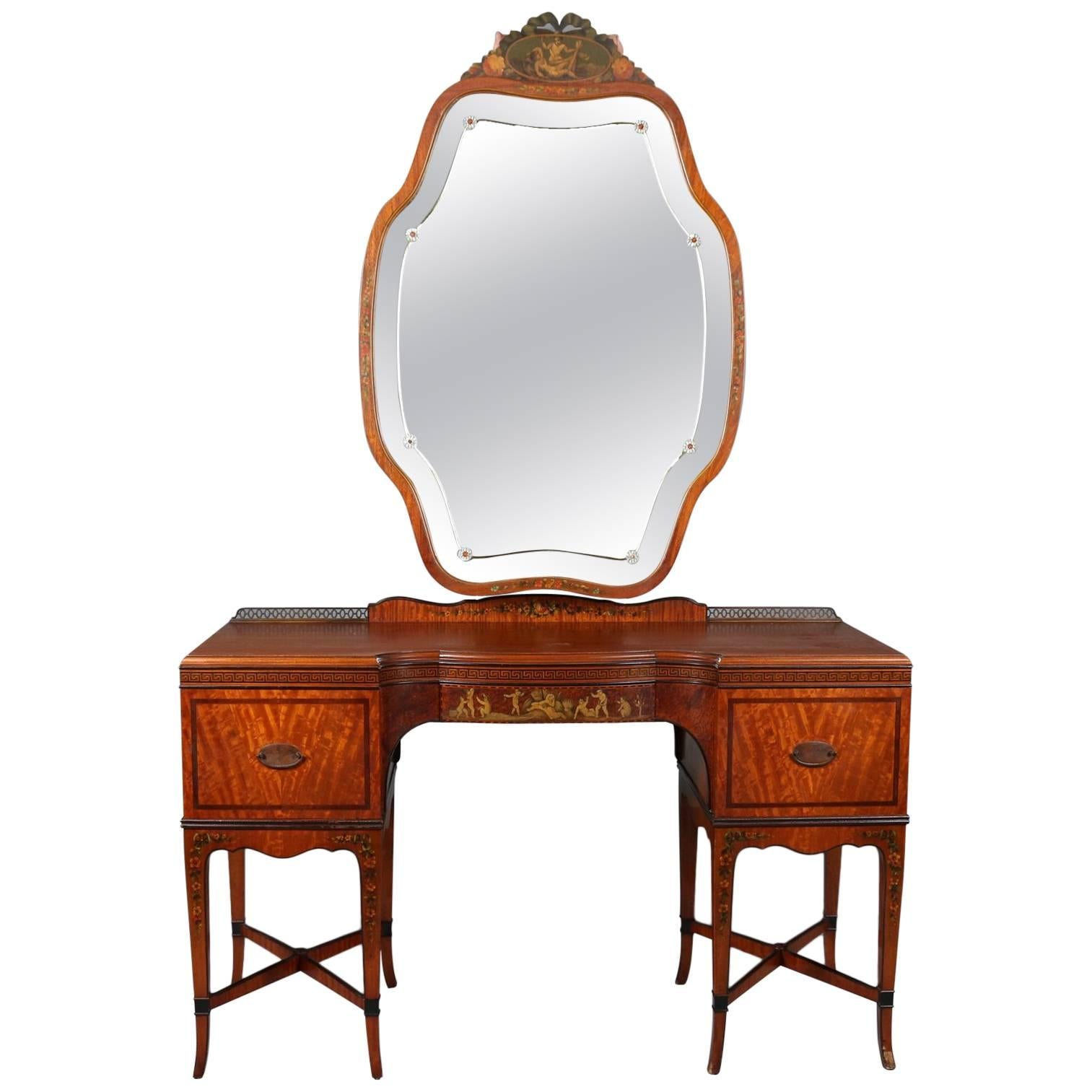 Antique Adam Style Painted and Ebonized Satinwood and Bronze Mirrored Vanity