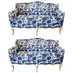 Pair Vintage Toile Small Louis XV-Style Sofas