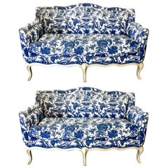 Pair Vintage Toile Small Louis XV-Style Sofas