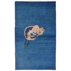 Antique Blue Beijing Throw Rug Temple Lion Fo Dog Chinese Mystical Animal Qing