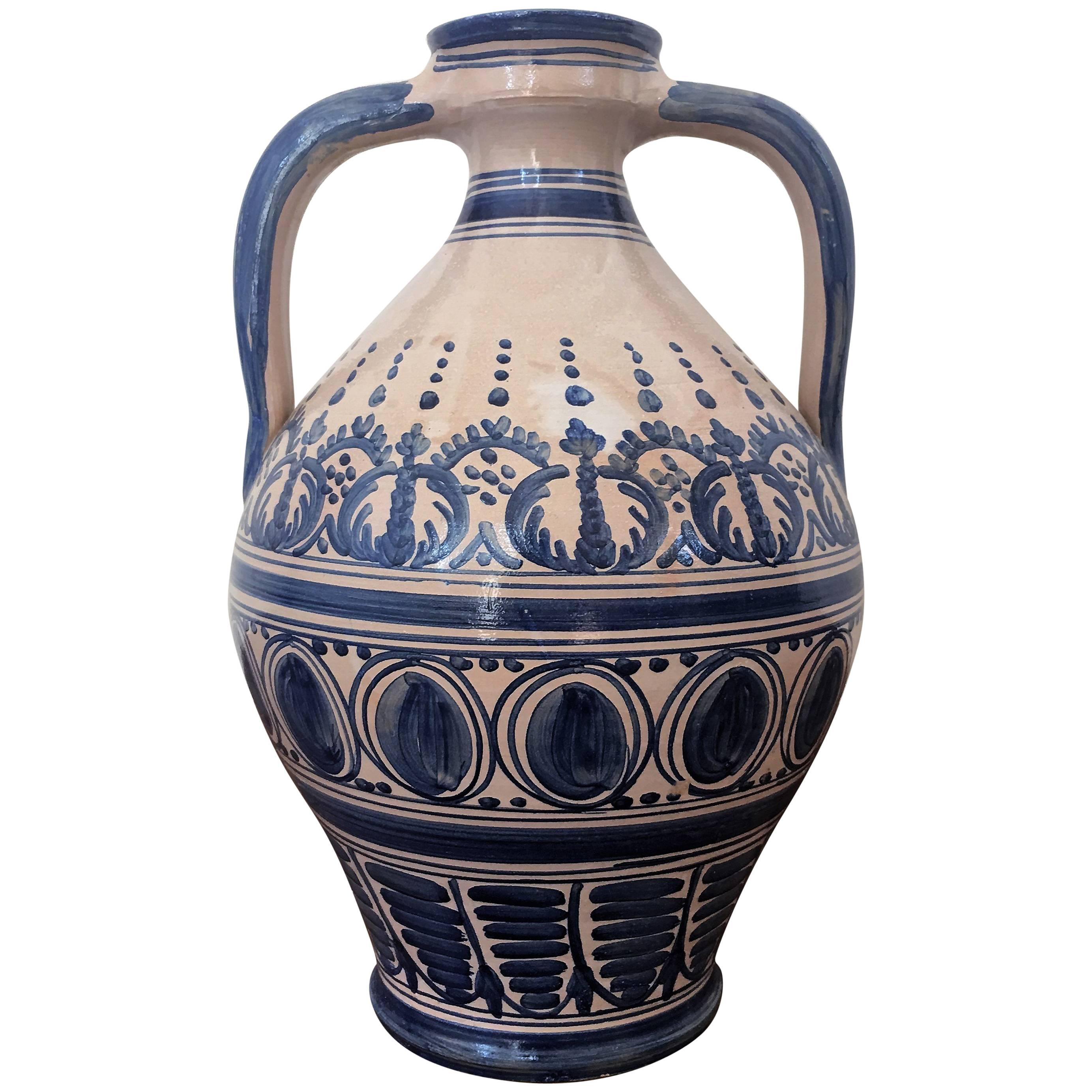 Striking Continental Glazed Earthenware Blue and White Painted Urn