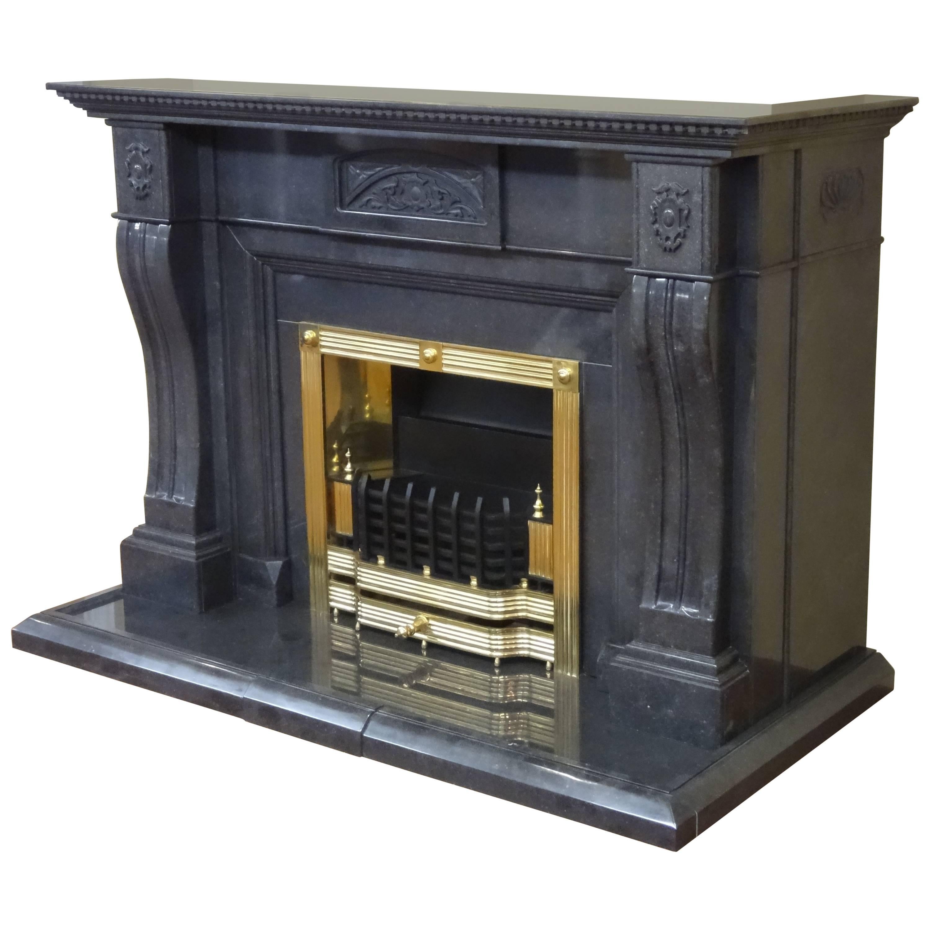 Carved Marble Wrap Around Chimney Breast Fireplace with Brass Register Grate For Sale
