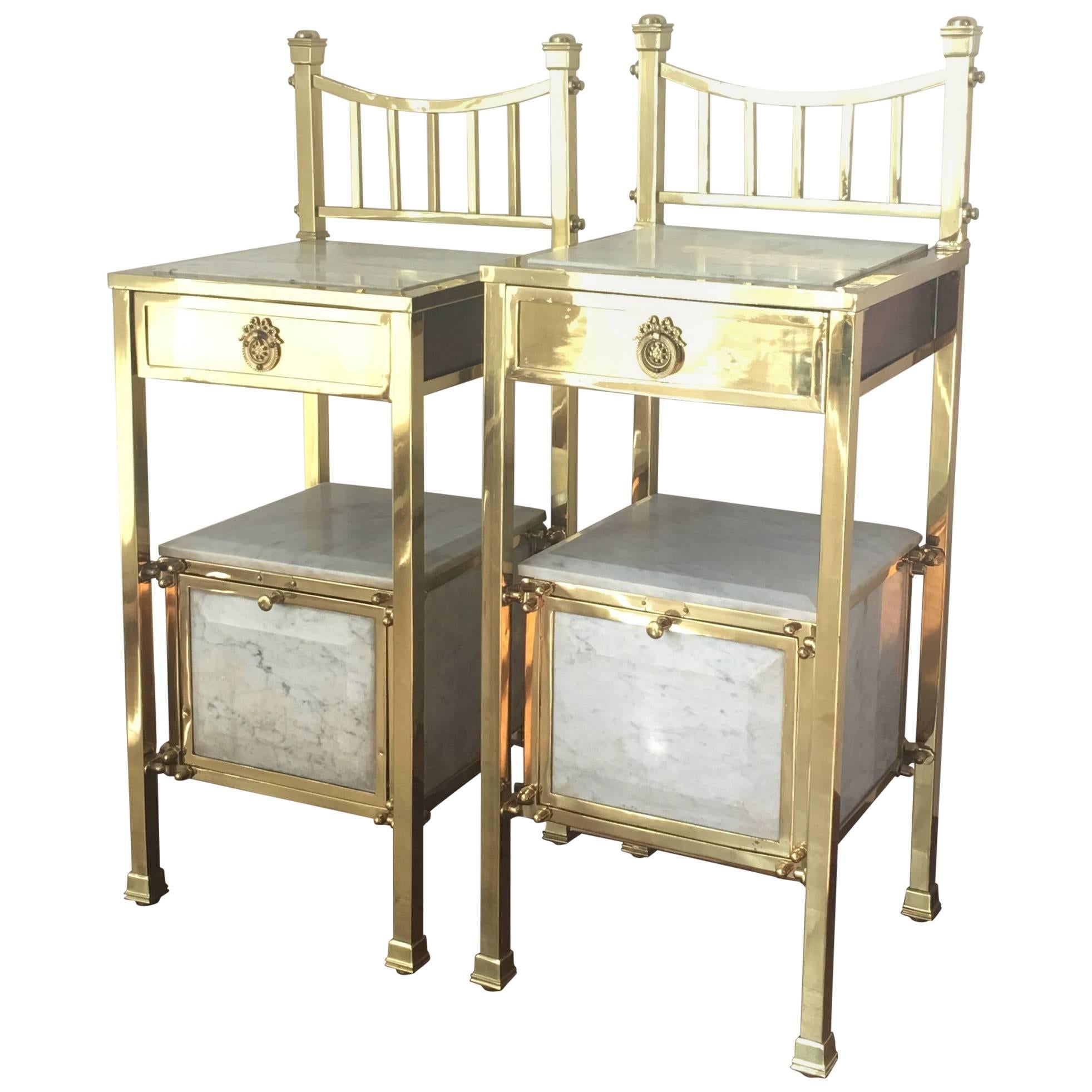 Pair of 1920s Brass and Marble Nightstands