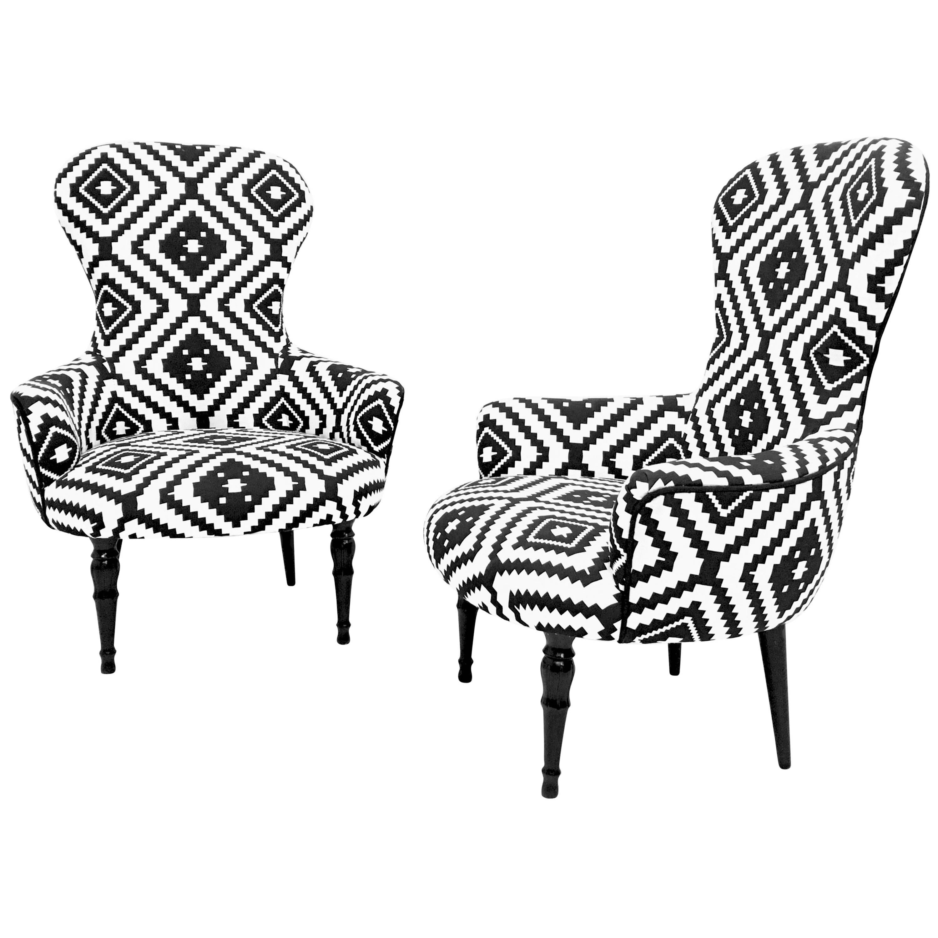 Beautiful Pair of Black and White Armchairs, Italy, 1950s
