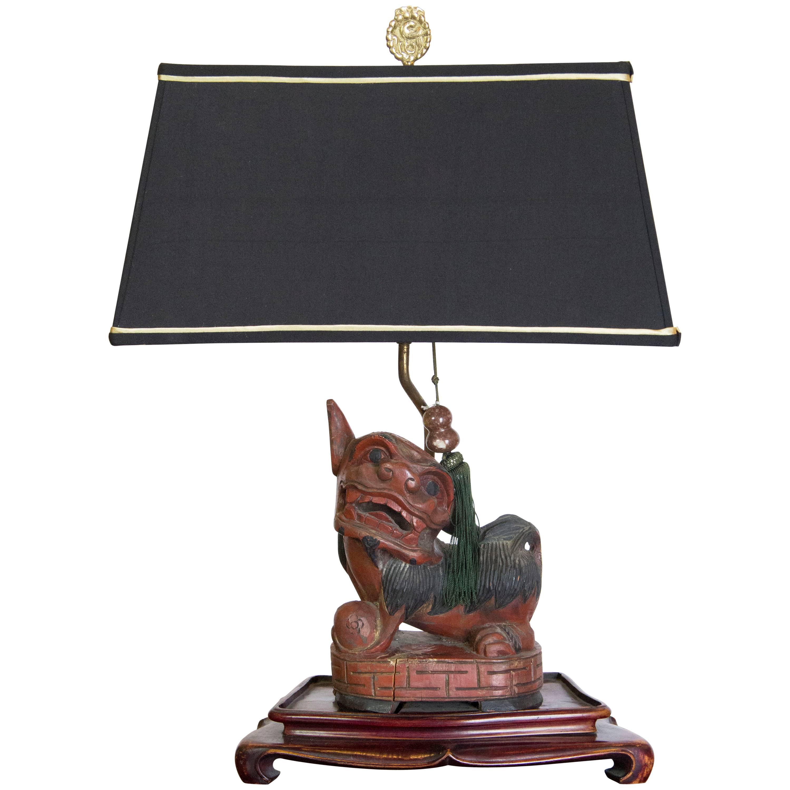 Foo Dog Lamp with Frederick Cooper Shade and Jade Tassel Decoration For Sale