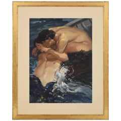 French Art Nouveau Painting Mermaid and Fisherman Embracing J. Huysmans, 1900