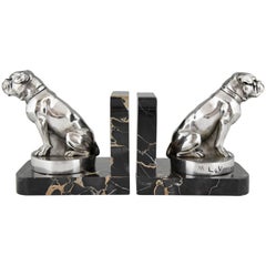 French Art Deco Bulldog Bookends by Max Le Verrier on Marble Base, 1930