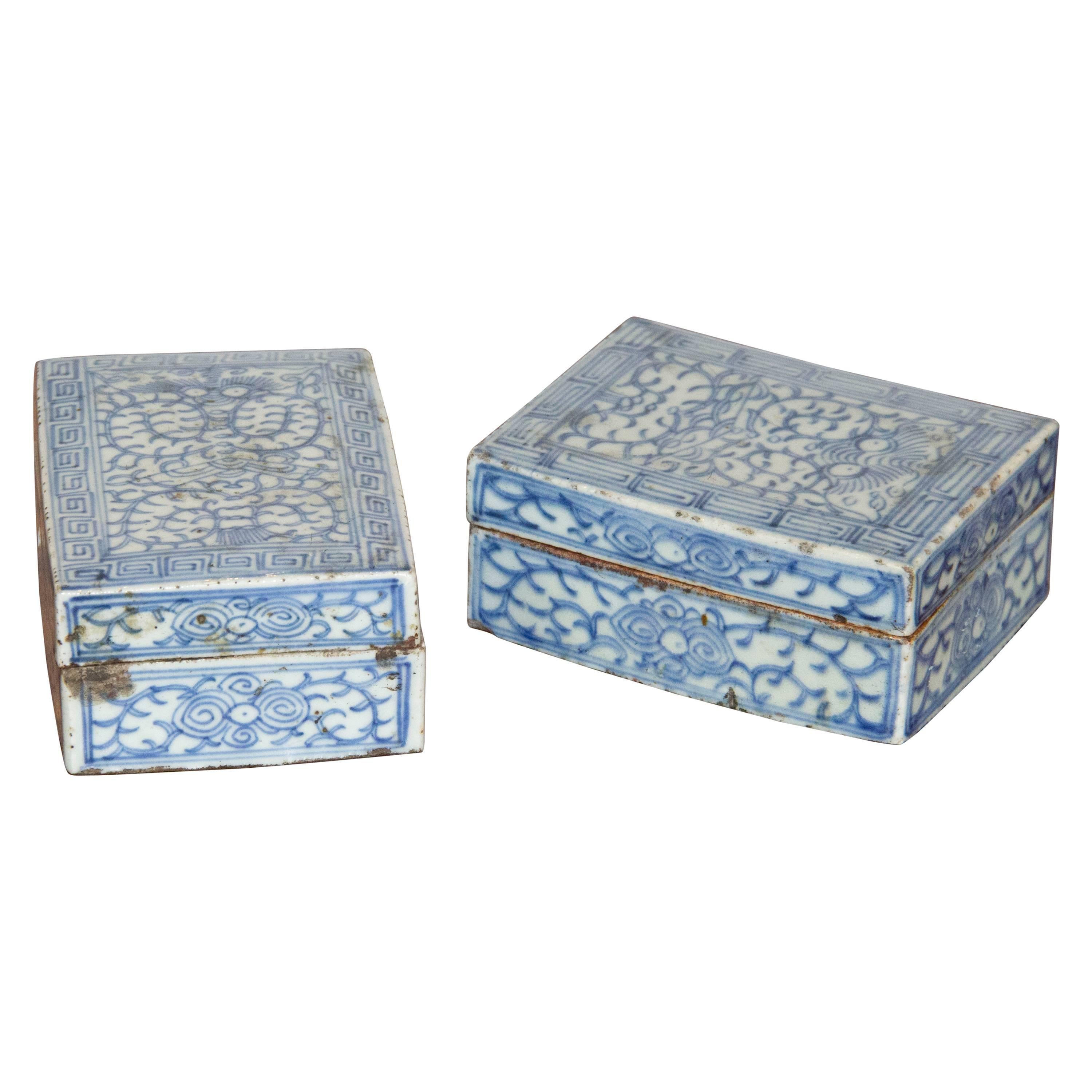 Pair of Blue and White Painted Chinese Porcelain Lidded Boxes