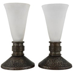 French Pair of Art Deco Wrought Iron and Glass Table Lamps Daum Freres, Nancy