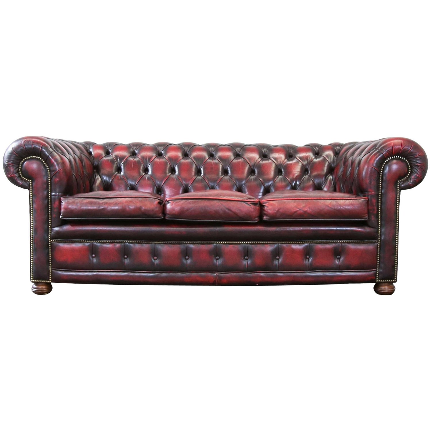 Chesterfield Leather Sofa Oxblood Red Three Seat Couch Retro