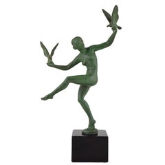 Art Deco Sculpture Nude Dancer with Birds by Briand, Marcel Bouraine 1930 France