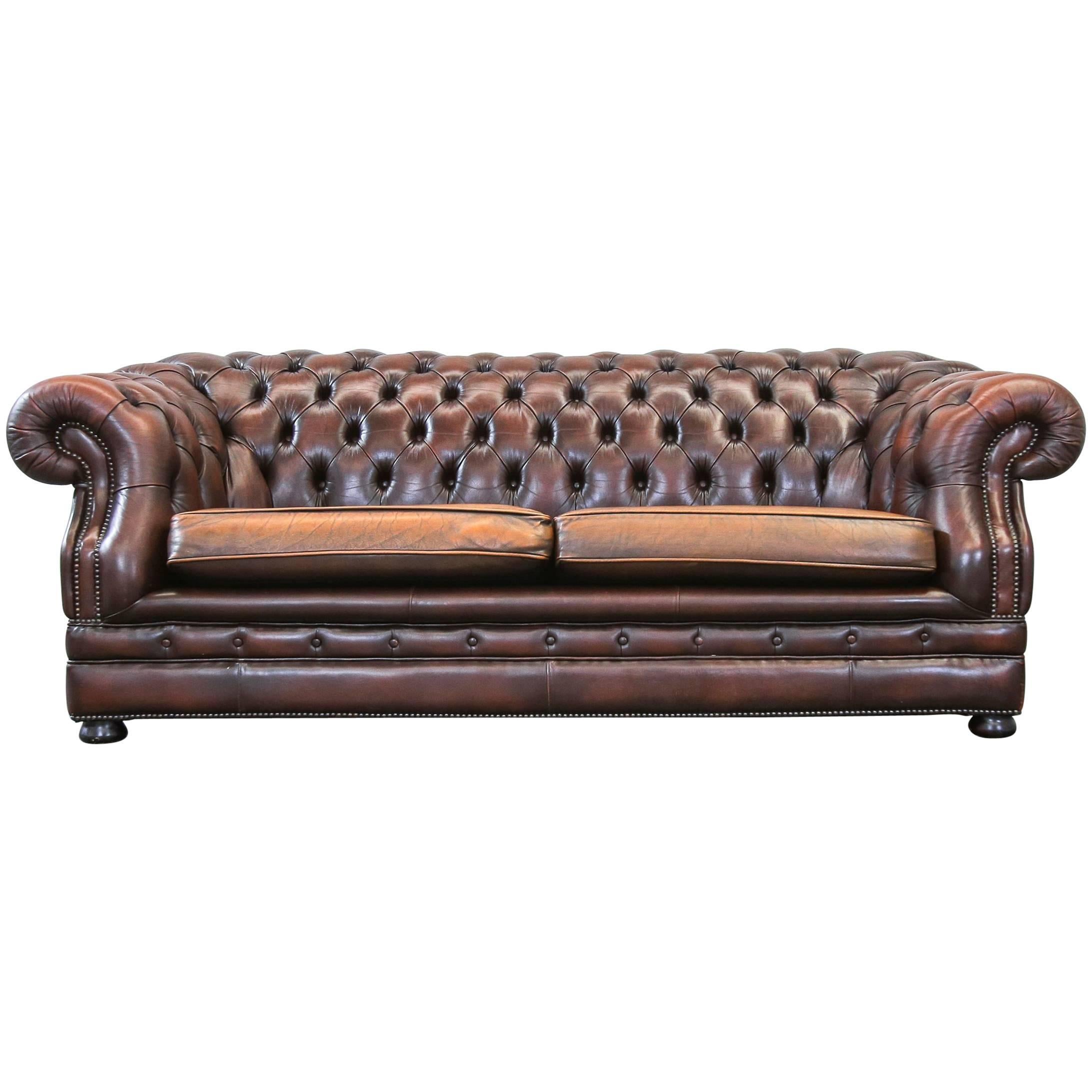 Chesterfield Leather Sofa Brown Three-Seat Couch Retro Vintage For Sale