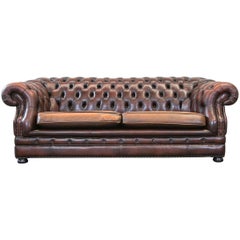 Chesterfield Leather Sofa Brown Three-Seat Couch Retro Vintage