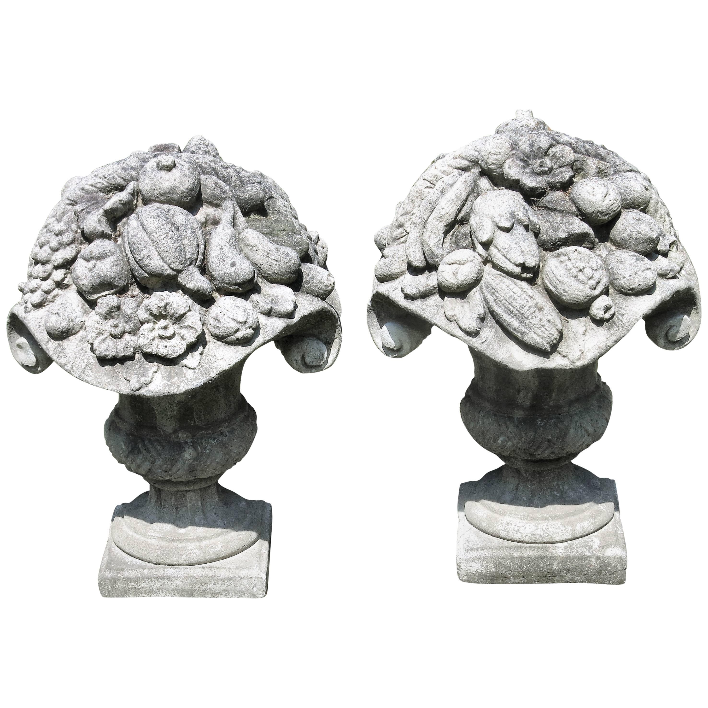 Pair of Vintage Cast Stone Baskets of Fruit For Sale