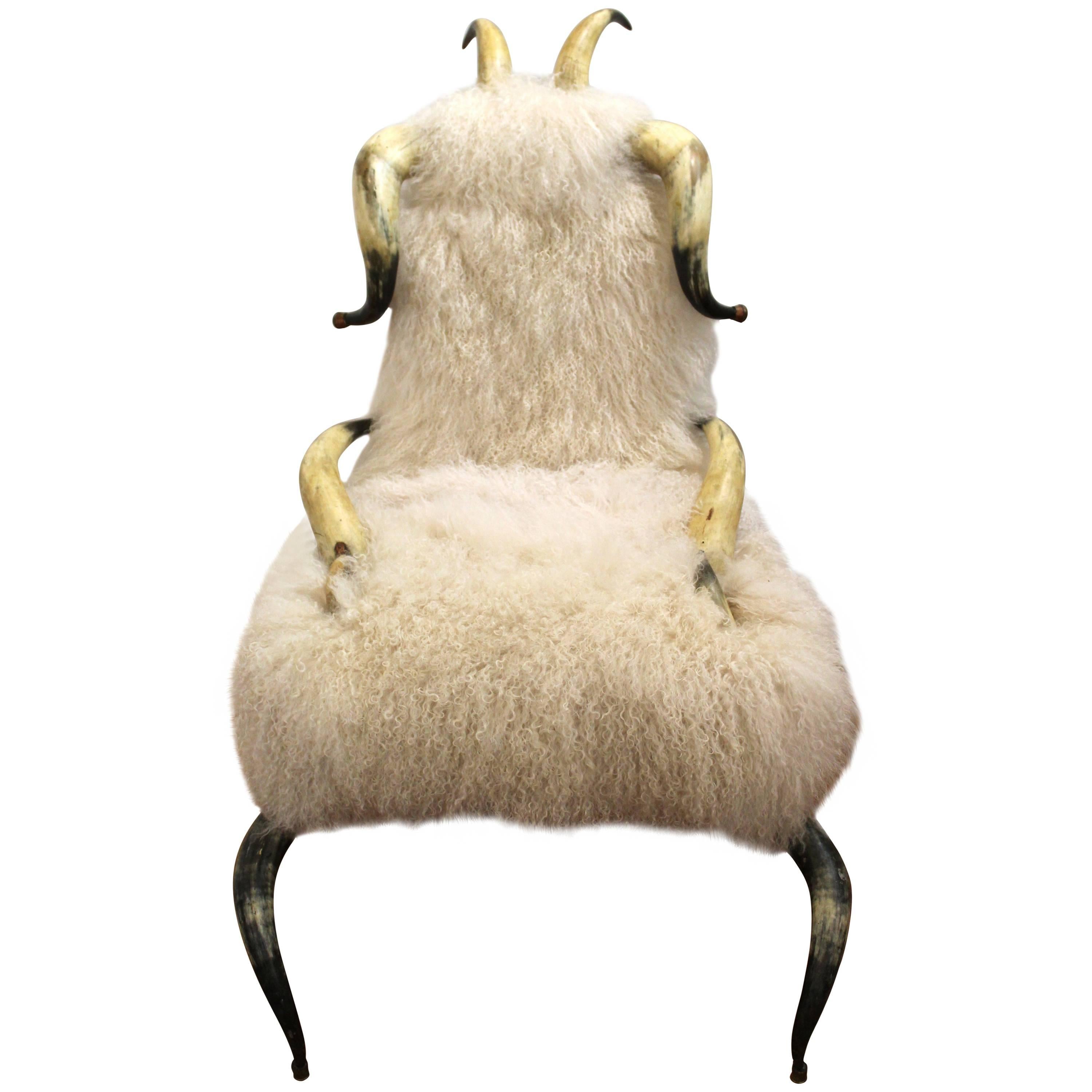 Horn Chair with Mongolian Lambs Wool Upholstery