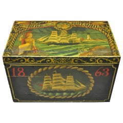 Vintage English Nautical Green Painted Taitsing Ship Blanket Chest Treasure Chest Trunk