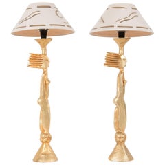 Retro Pair of Gold-Plated Metal Table Lamps by Pierre Casenove with Original Shade