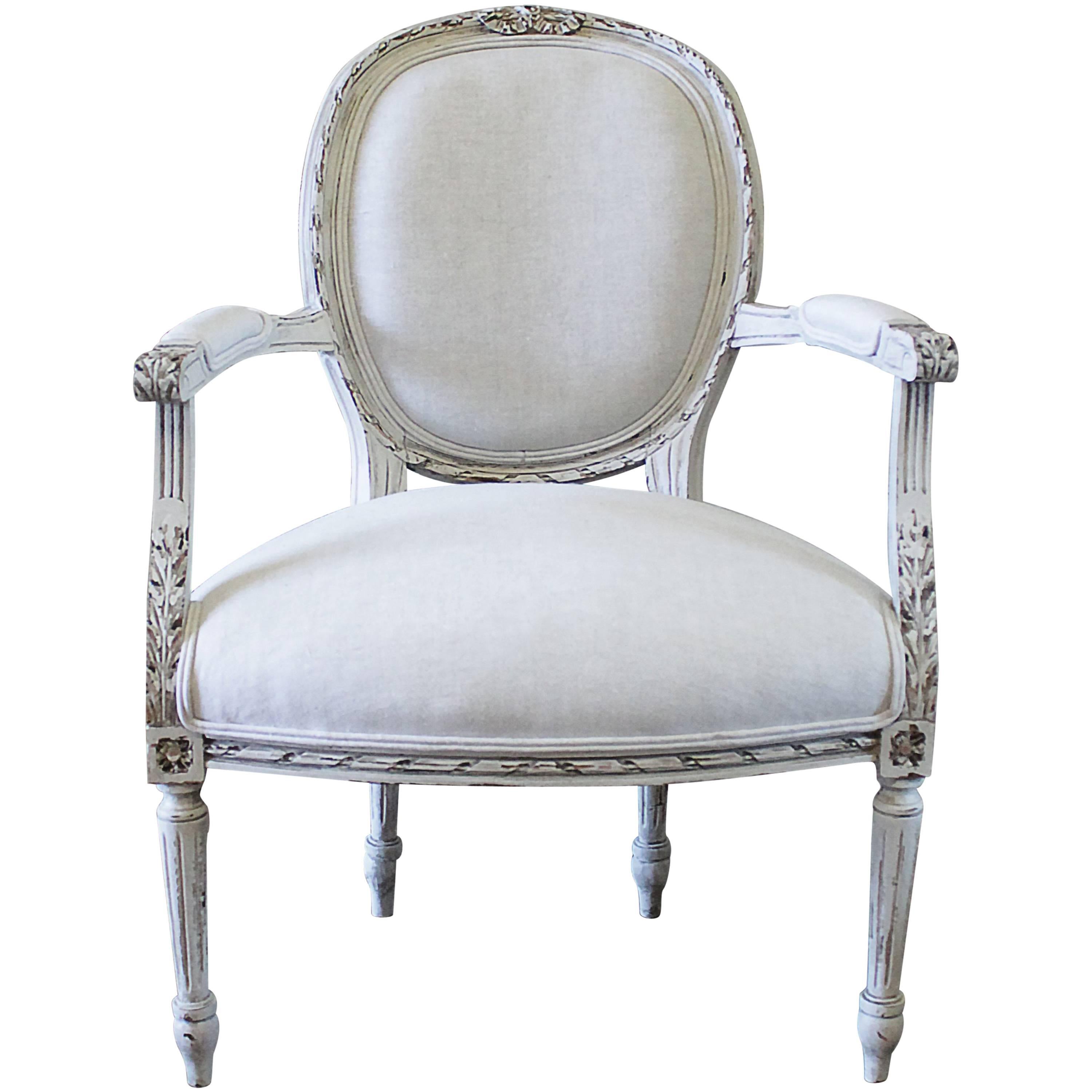 19th Century Carved Louis XVI Style Chair Upholstered in Belgian Linen