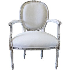 19th Century Carved Louis XVI Style Chair Upholstered in Belgian Linen 7