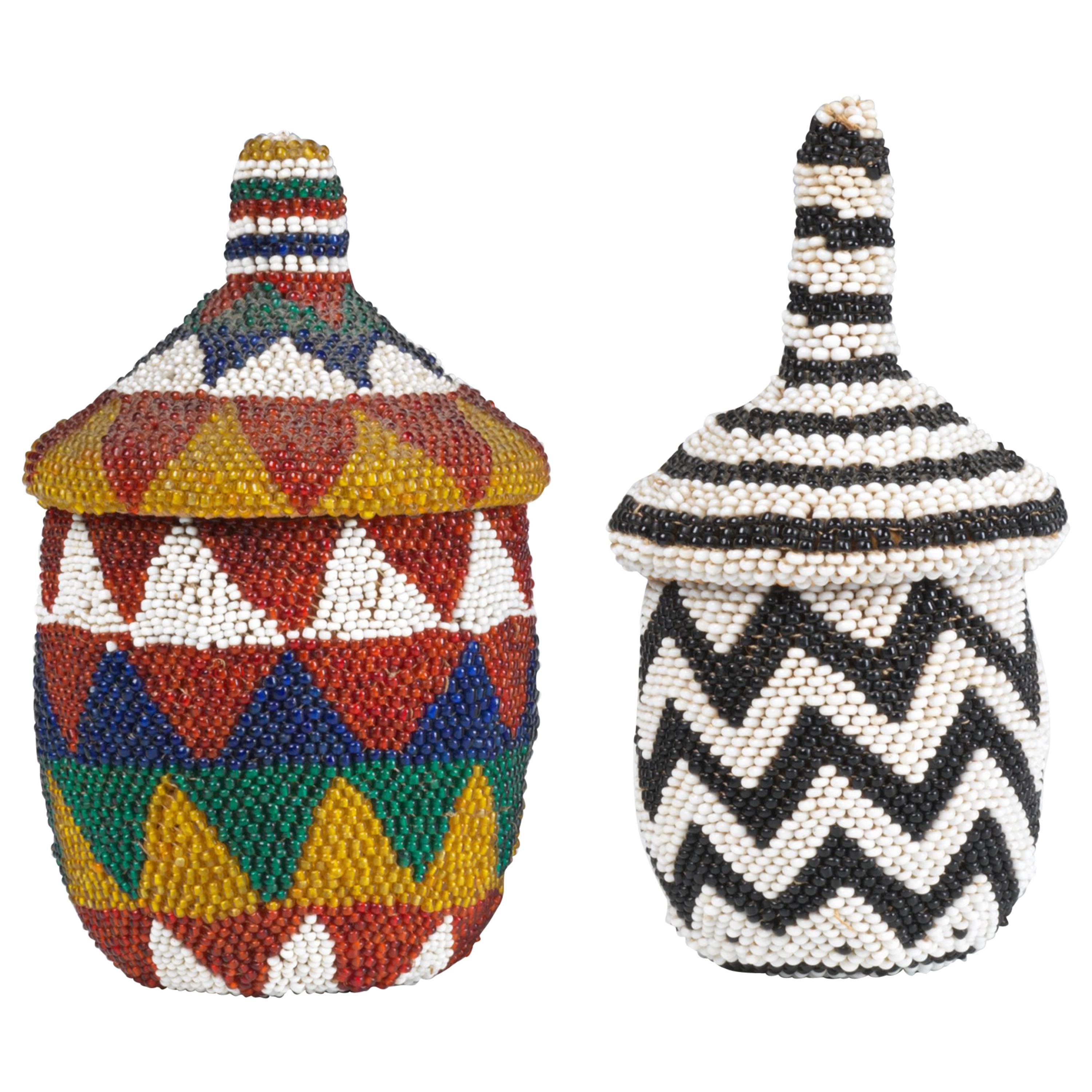 Pair of Tutsi Beaded Baskets Tribal Art from Rwanda