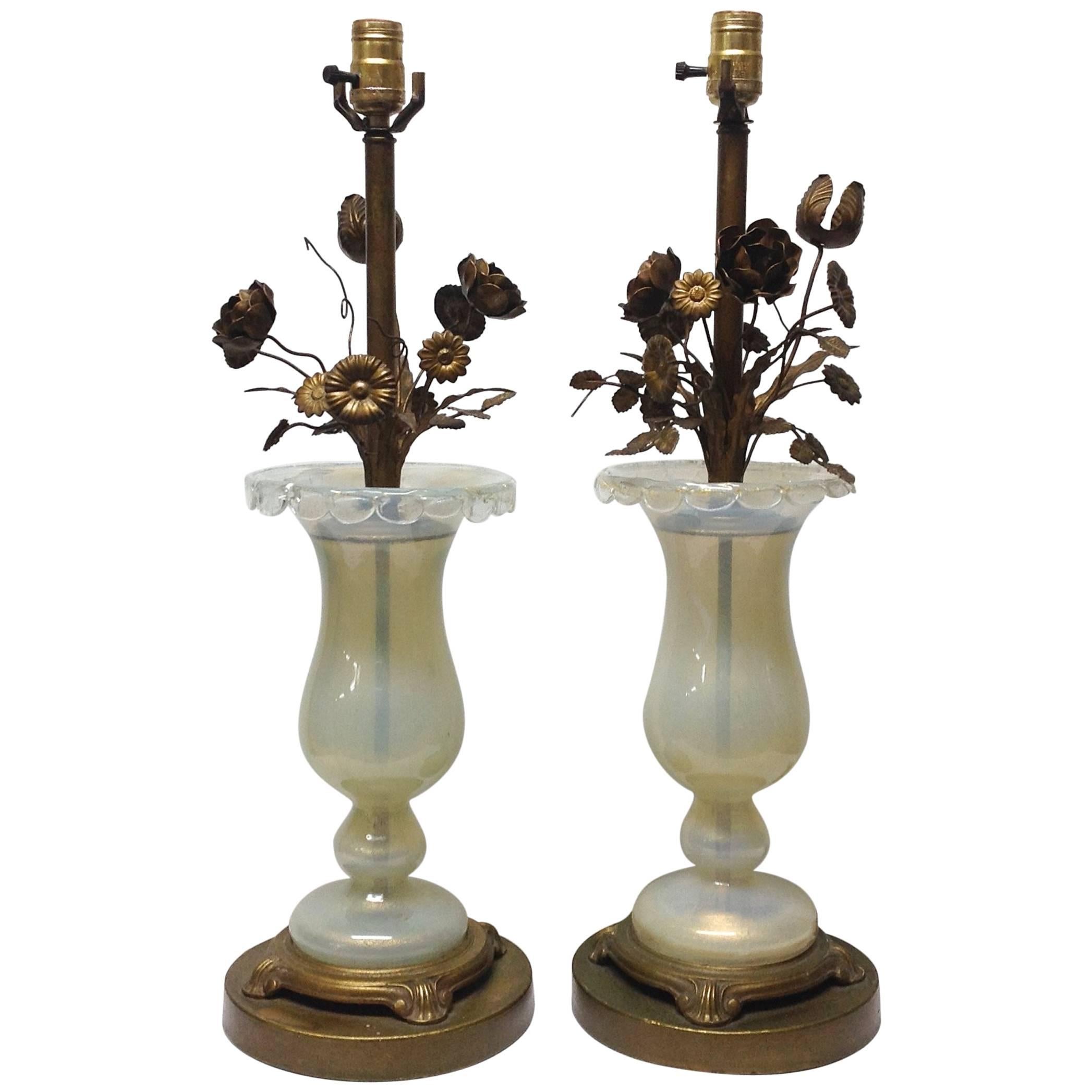 Pair of Handblown Original Murano Glass Lamps with Brass Flowers