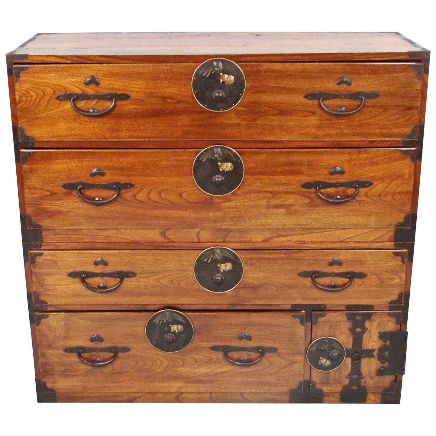 Japanese Elm and Pine Clothing Tansu with Crane and Turtle Hardware