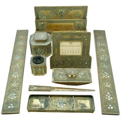 Tiffany Studios New York Abalone Nine-Piece Bronze Desk Set, circa 1910