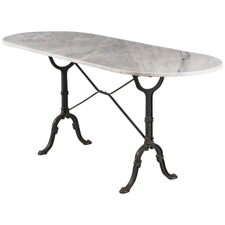 French MarbleTop Bistro Table with Iron Base by Godin, 1940s at 1stDibs