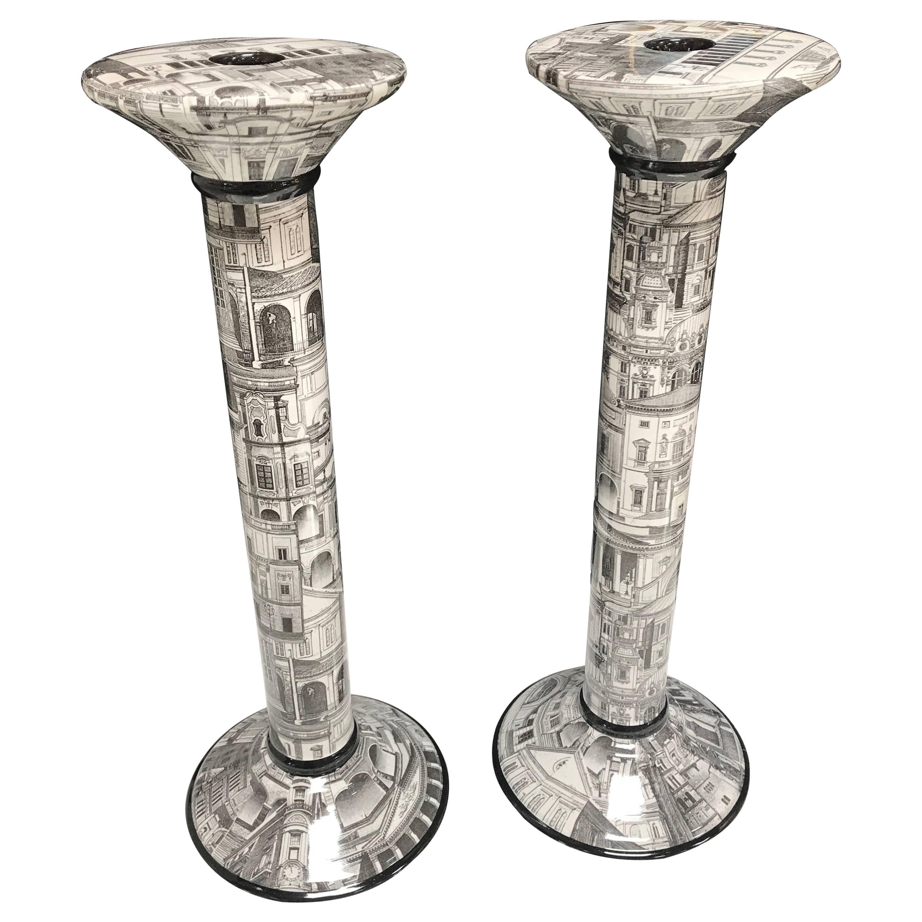Italian 1960s Black and White Pair of Candlesticks