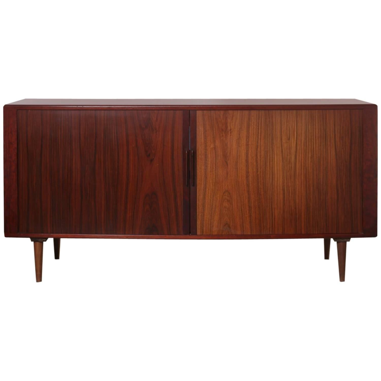 Rosewood Credenza Cabinet with Tambour Doors Made in Denmark by H. P. Hansen