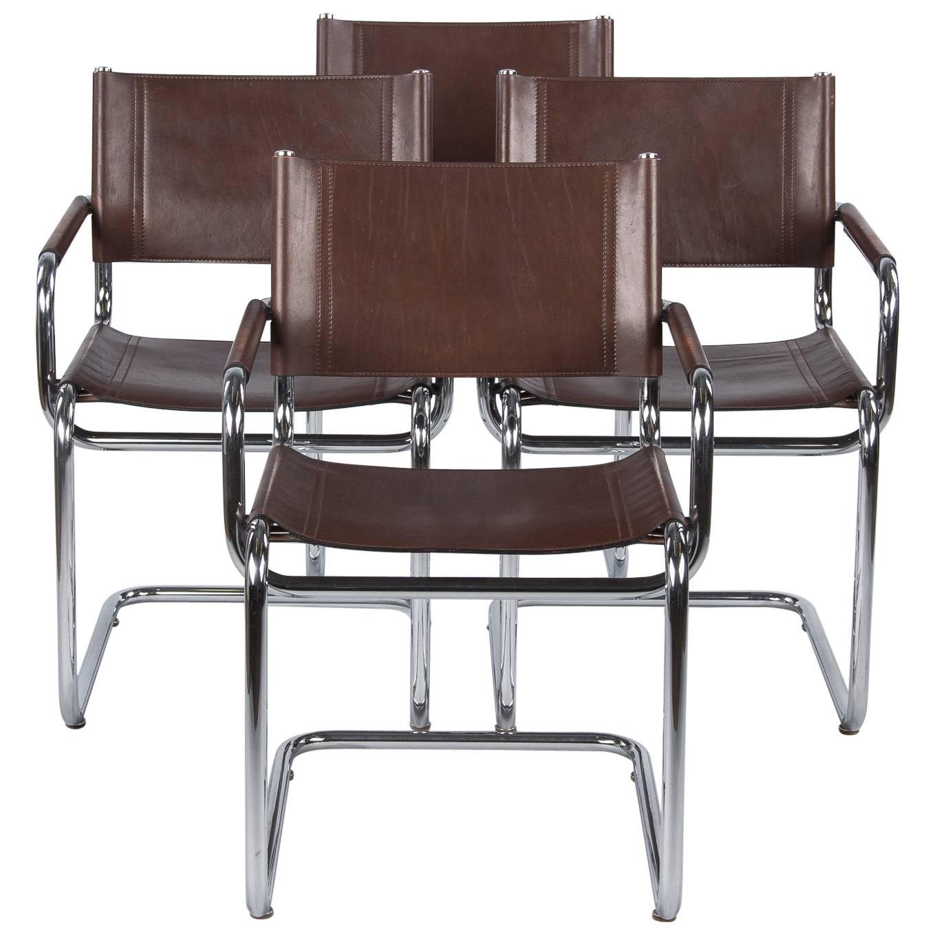 Set of Four Tubular Chrome and Leather Armchairs, 1960s