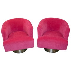 Fuschia Wool Velvet Swivel Chairs with Steel Bases